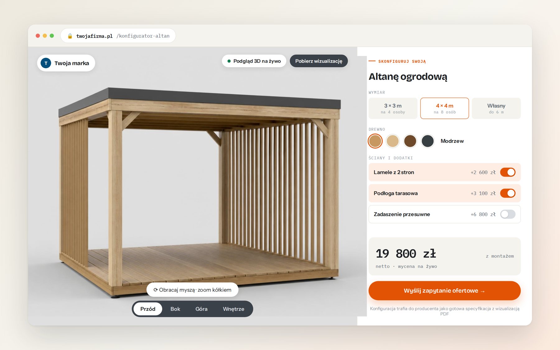 Makieta konfiguratora 3D altan: model 3D, panel opcji i cena na żywo