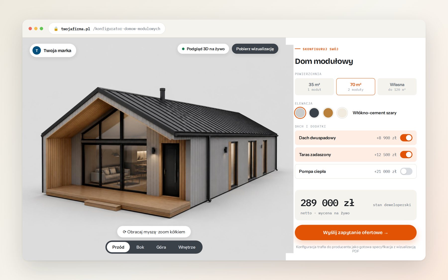 Makieta konfiguratora 3D domów modułowych: model 3D, panel opcji i cena na żywo