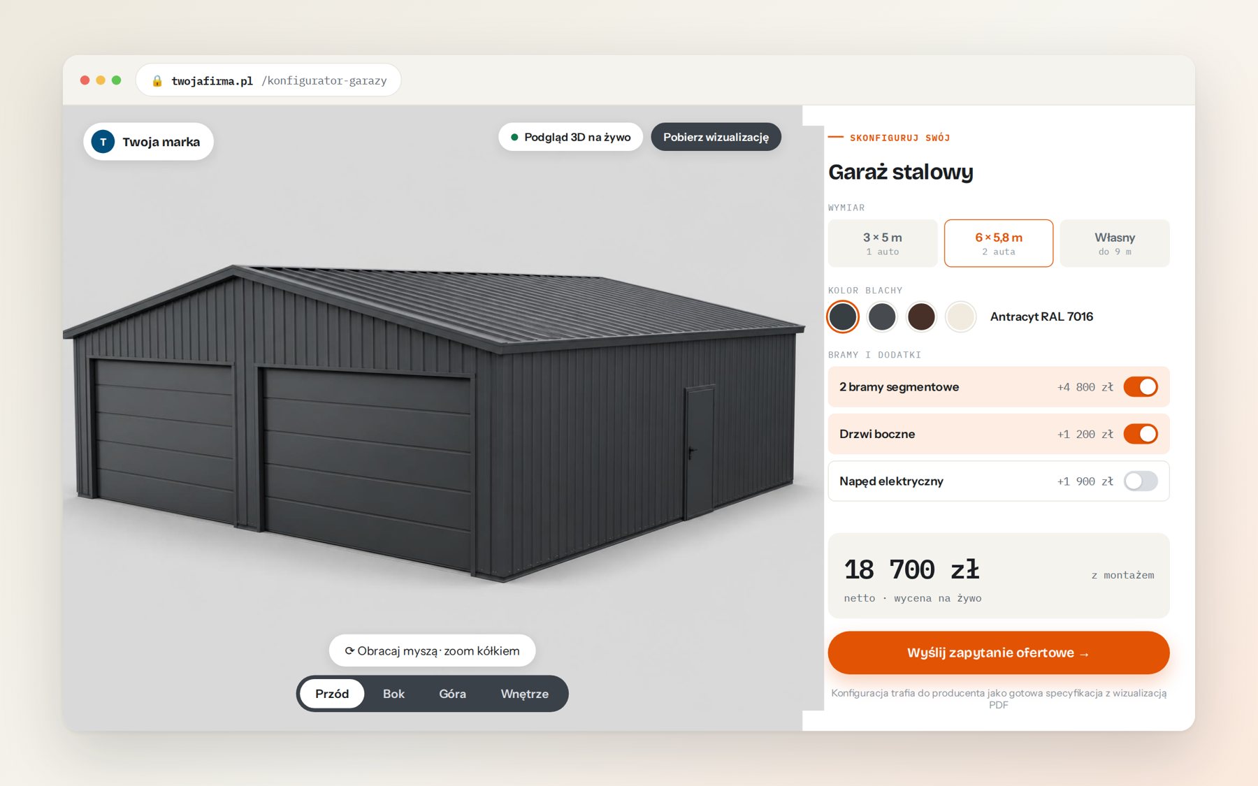 Makieta konfiguratora 3D garaży: model 3D, panel opcji i cena na żywo