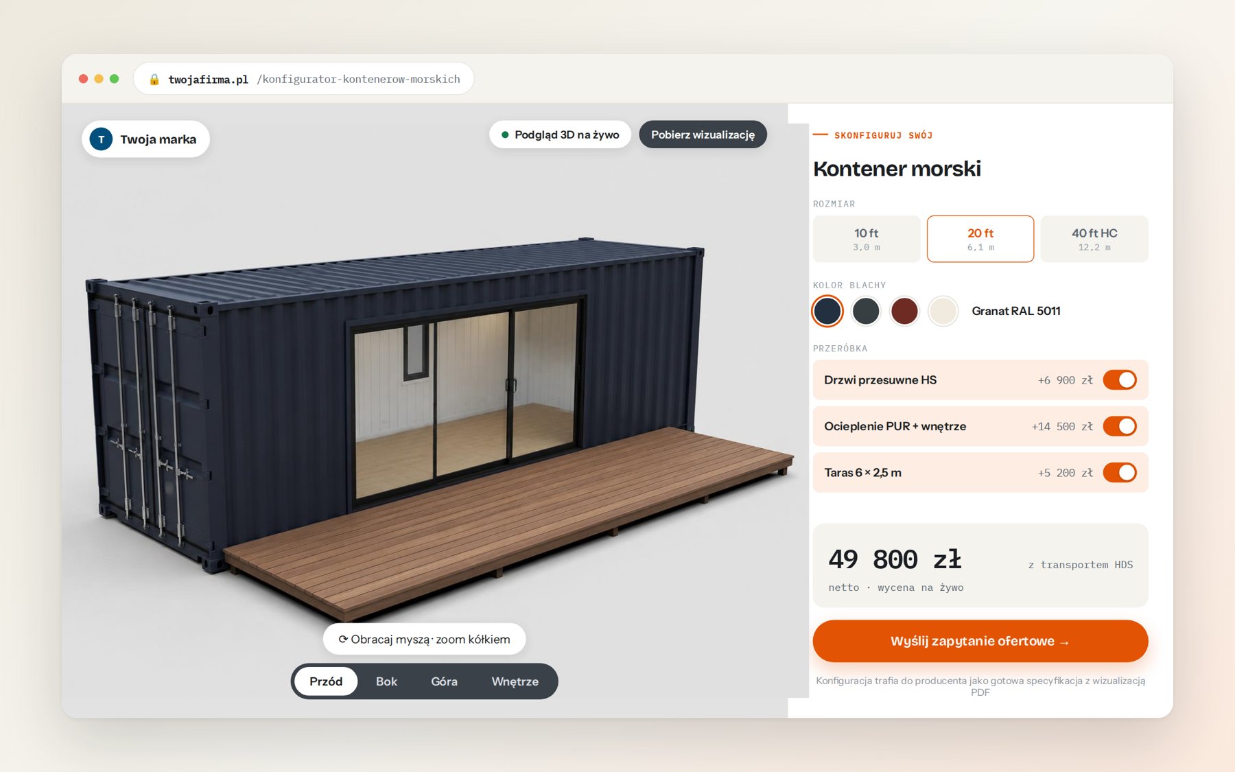 Makieta konfiguratora 3D kontenerów morskich: model 3D, panel opcji i cena na żywo