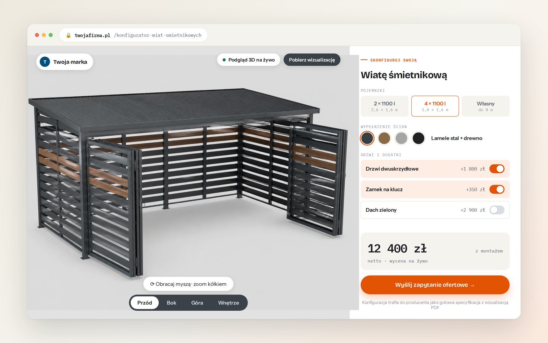 Makieta konfiguratora 3D wiat śmietnikowych: model 3D, panel opcji i cena na żywo